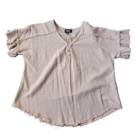 Oversized Cotton Blouse Women's Size Small Tan V-Neck Raw Hem - Picture 1 of 10